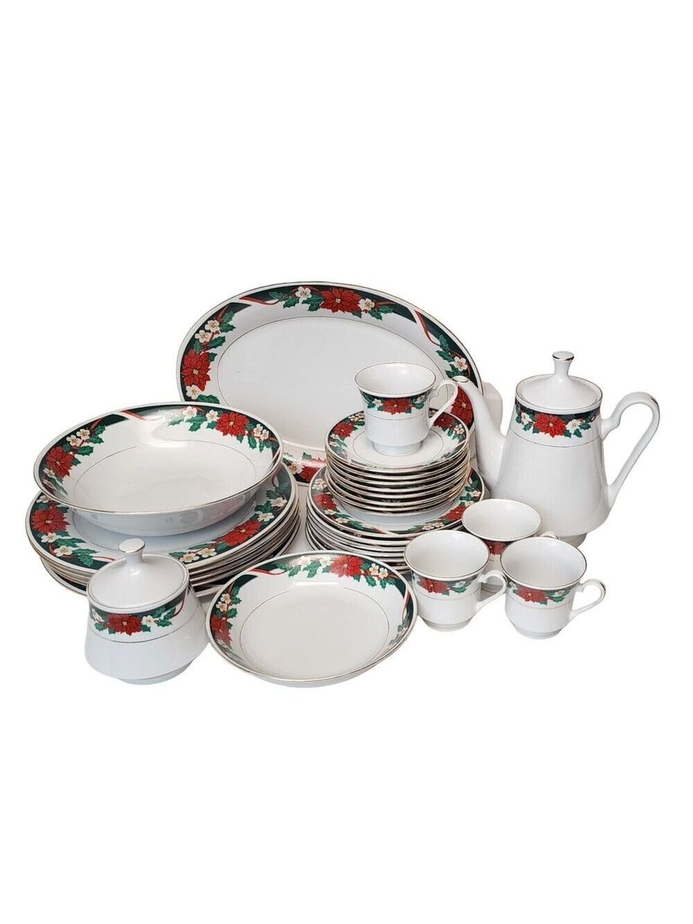 Vintage Tienshan Fine China Deck the Halls Green Holly Dinnerware Set